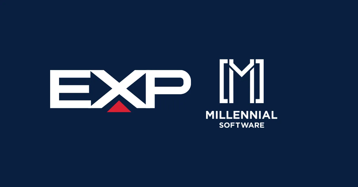 The Expedition Technology and Millennial Software logos side by side on navy: the EXP wordmark with its red triangle, and Millennial Software's bracketed M monogram above its name.